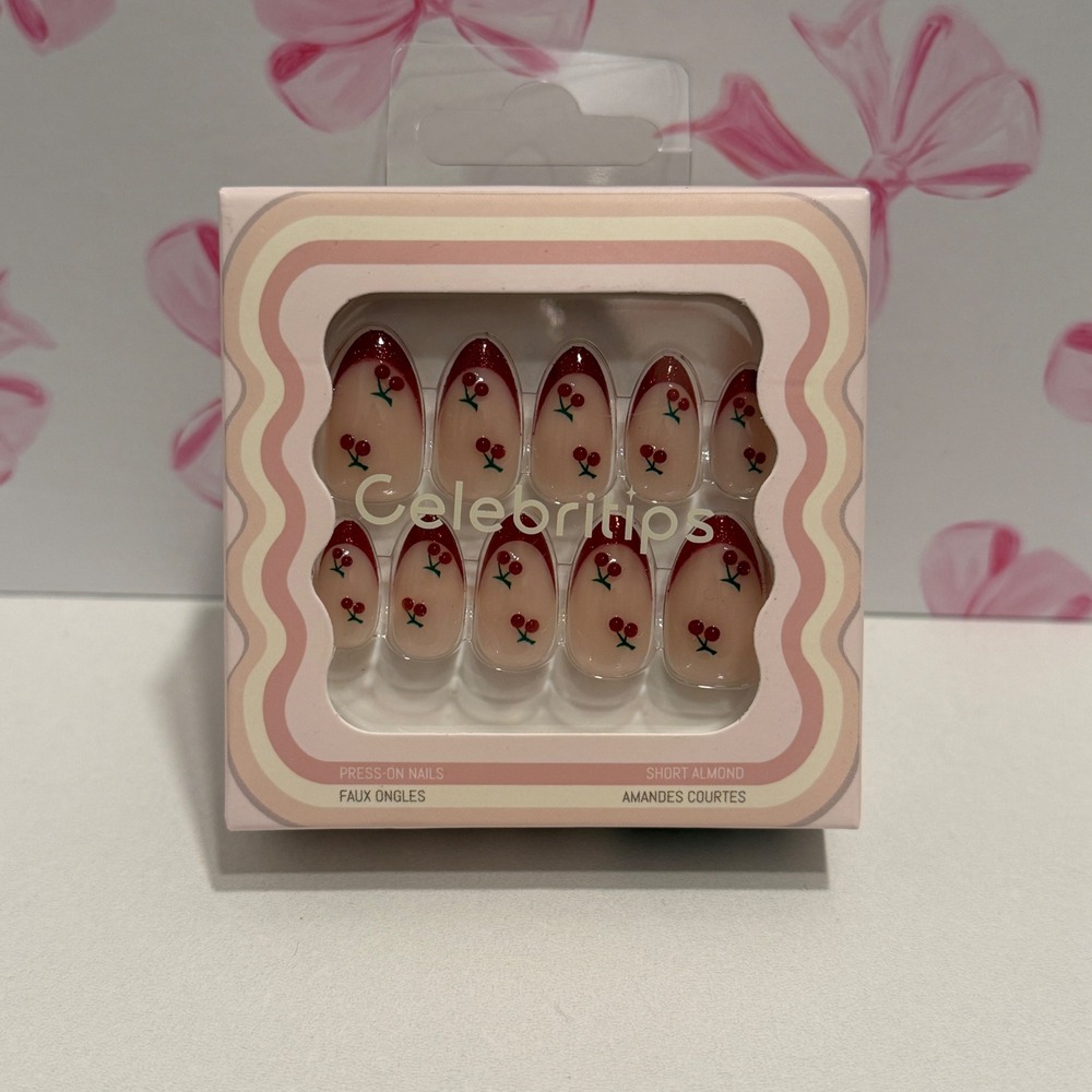 Celebritips Short Almond Press-On Nails Red French Tip Cherry Print Faux Ongles